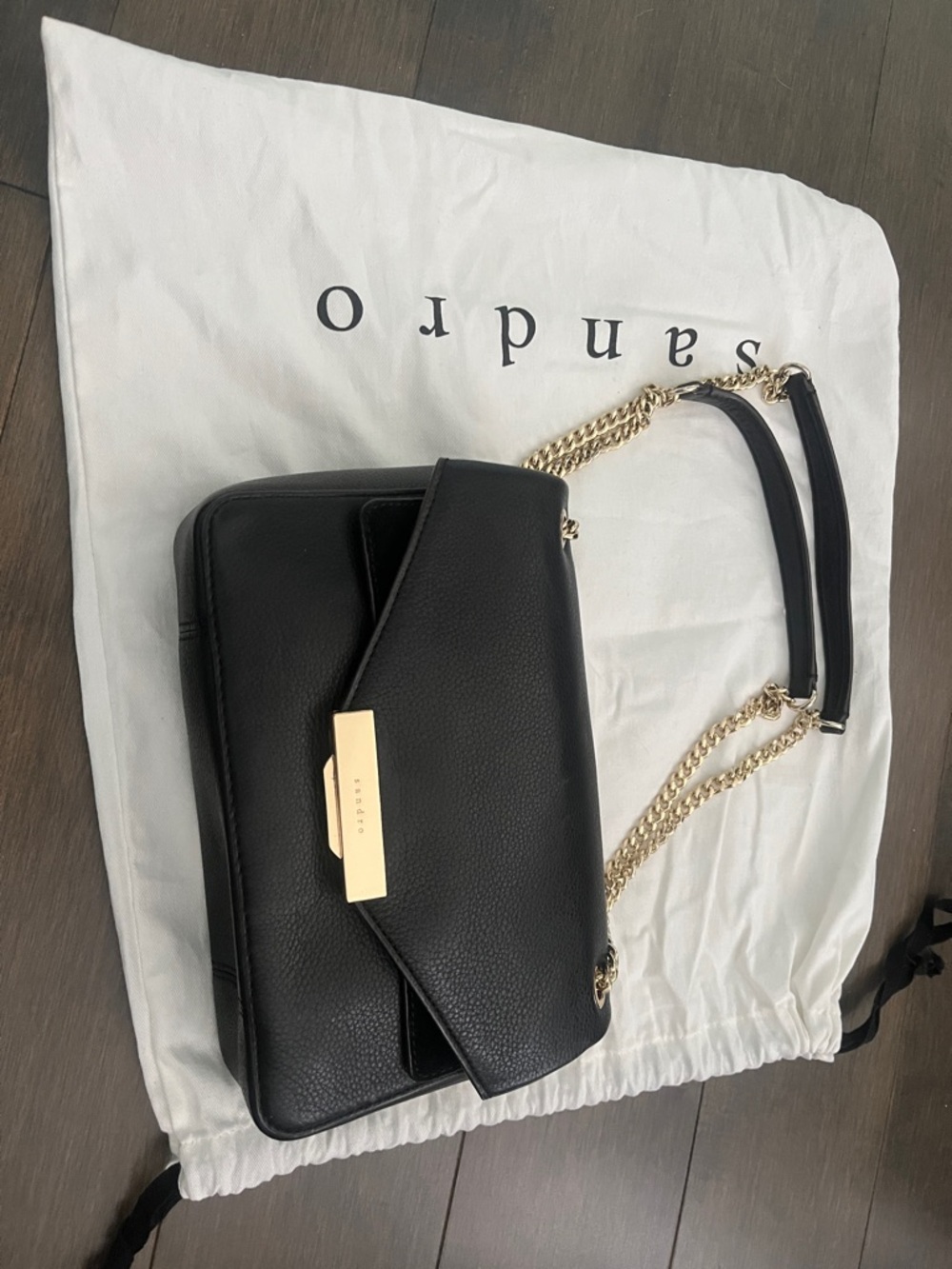 Sandro Black Leather Shoulder Bag with Gold Chain Strap